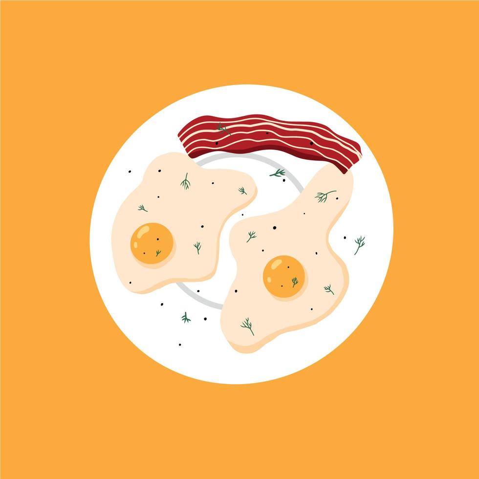 Vector illustration of fried eggs with greens and bacon. Omelet on a plate. breakfast concept.