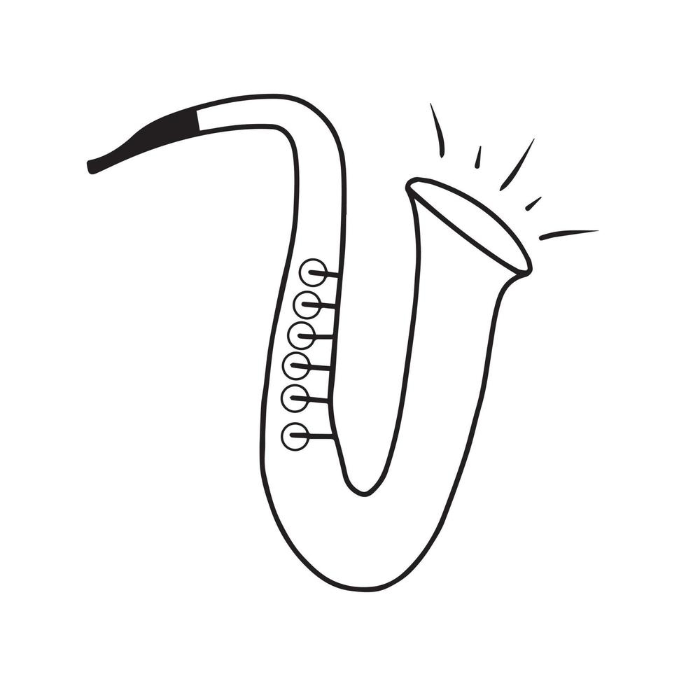 Saxophone isolated on white background in doodle style. Vector hand drawn illustration. Wind musical instrument.
