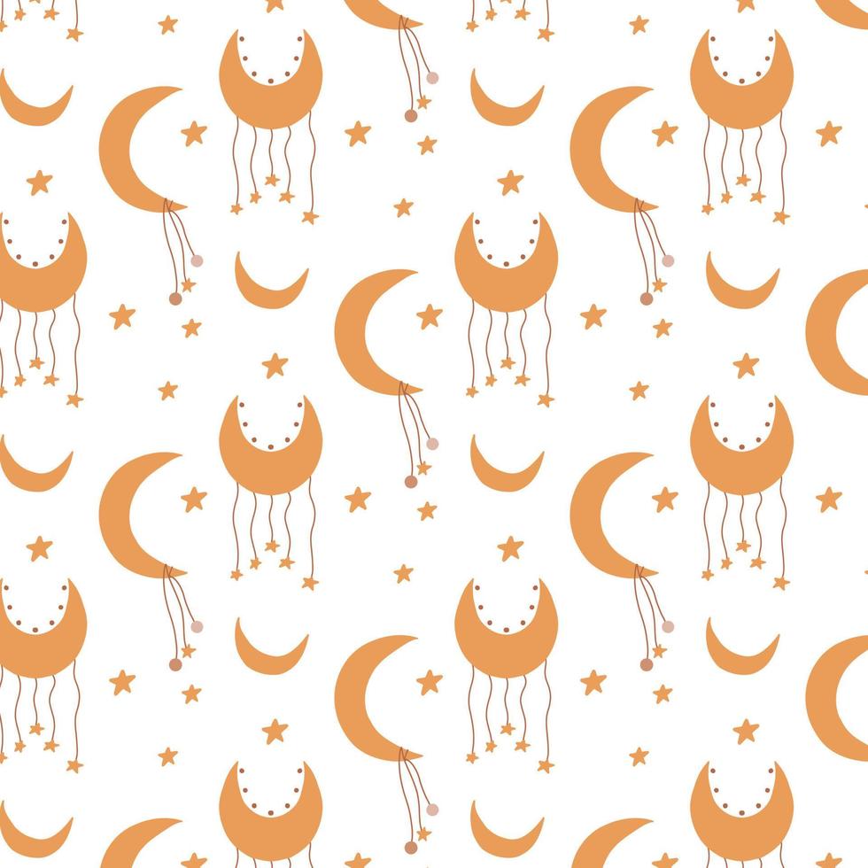 pattern with moon and stars in boho style. Kids boho style. Vector pattern.