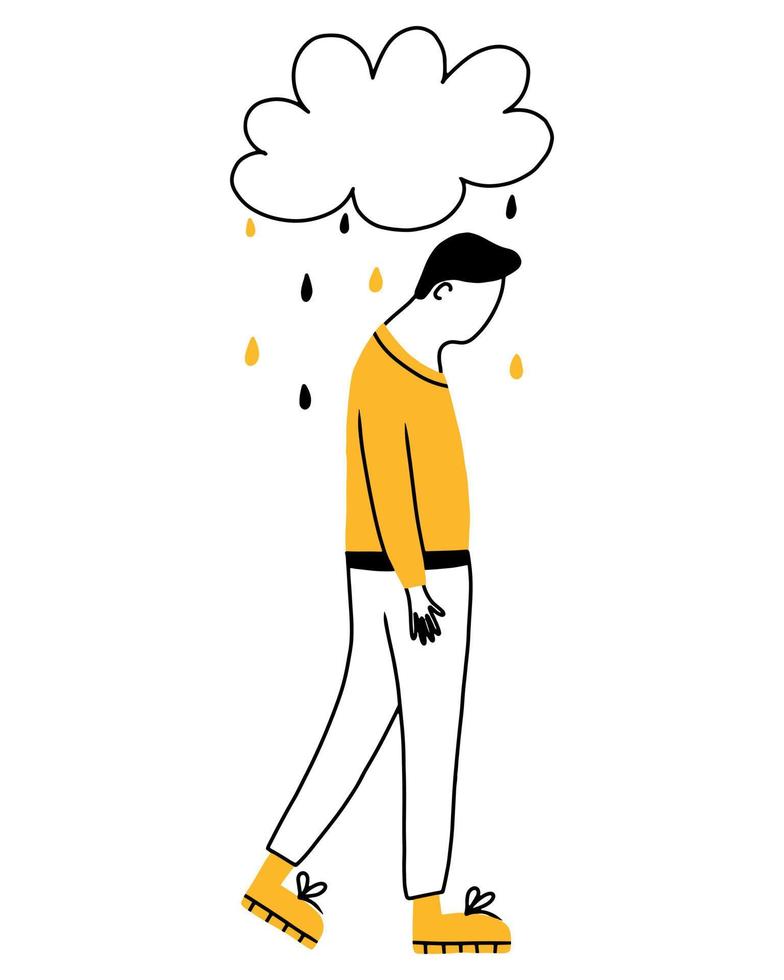 Depressed man with confused thoughts in her head. Young sad boy. Depression concept. Vector illustration in doodle style.