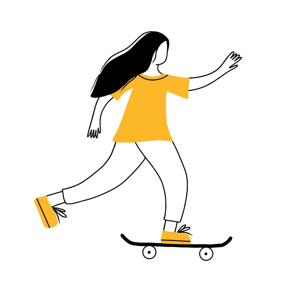 mujer joven montando una ilustración de vector de patineta. estilo garabato. la niña monta una patineta y hace trucos en una tabla larga. estilo de vida activo, concepto de deporte extremo.