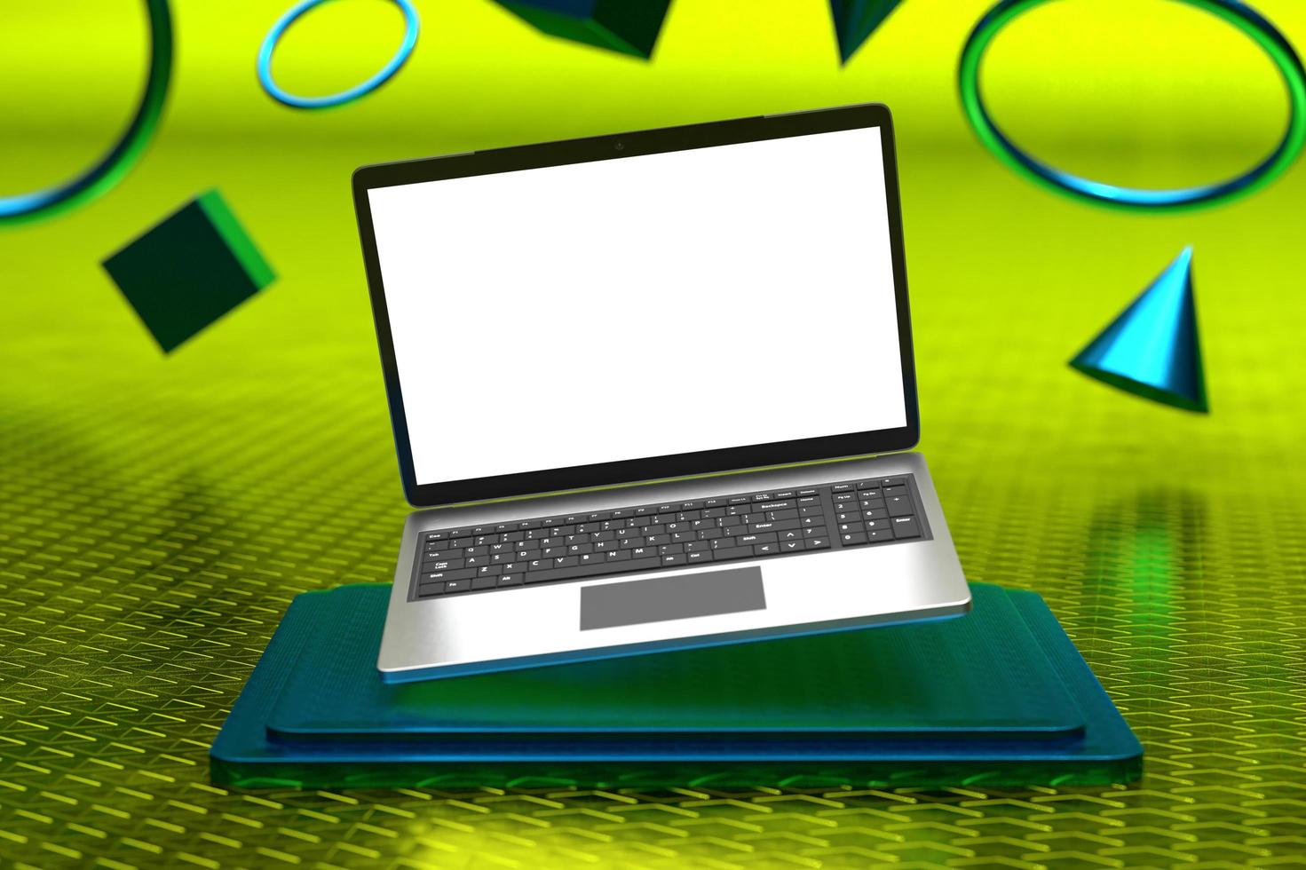 Macbook notebook screen mockup above pedestal photo