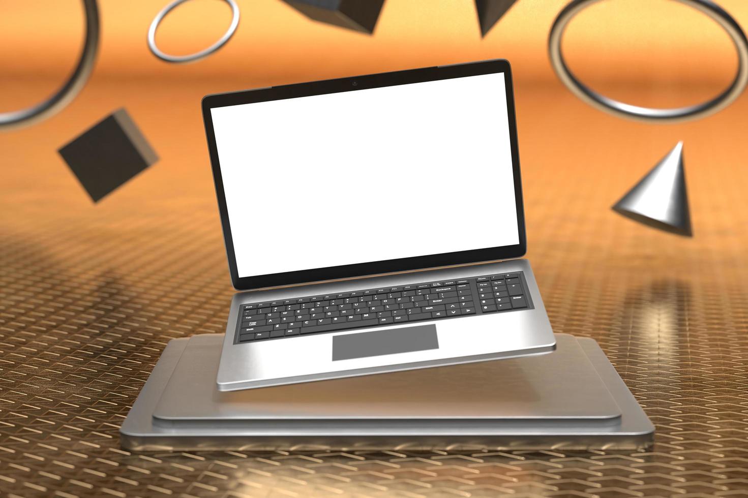 Macbook laptop screen mockup above pedestal photo
