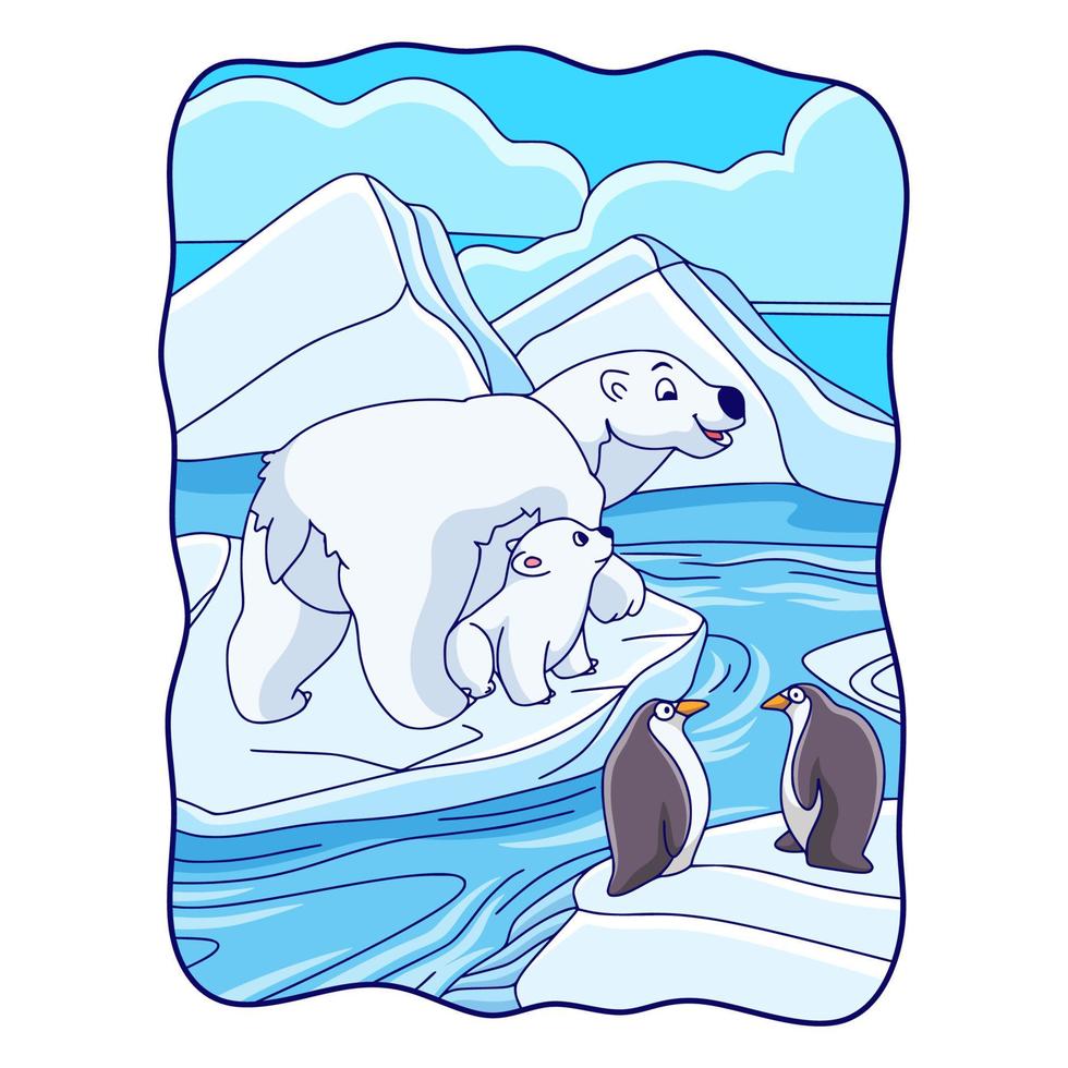 cartoon illustration bears and penguins are on an ice cube vector