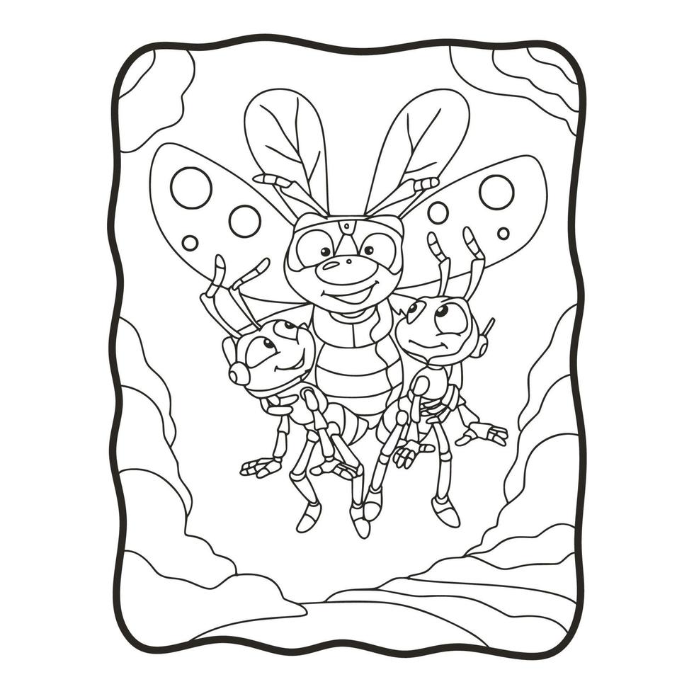 cartoon illustration Flying bees carry 2 ants coloring book or page for kids black and white vector