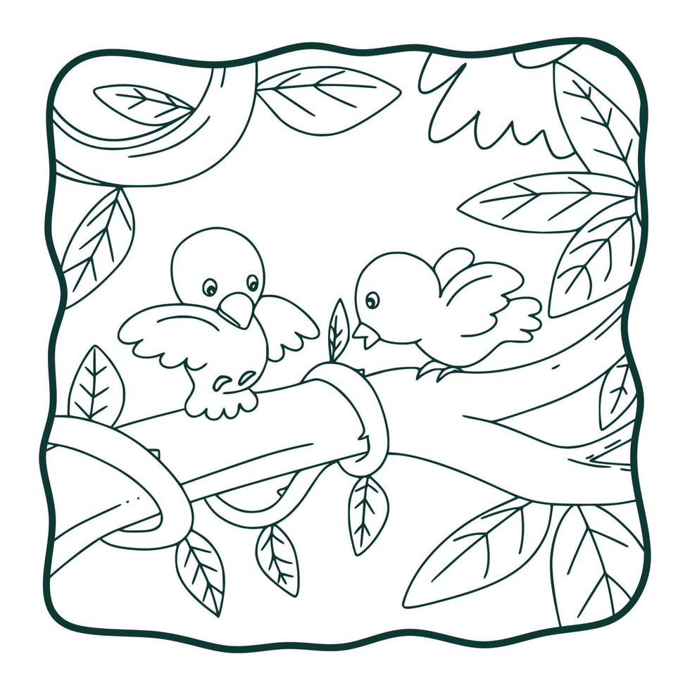 cartoon illustration two birds are on a tree trunk coloring book or page for kids black and white vector