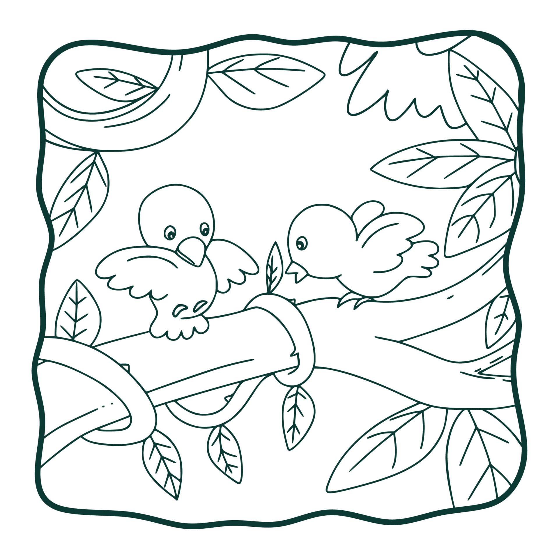 cartoon illustration two birds are on a tree trunk coloring book or page  for kids black and white 6655804 Vector Art at Vecteezy