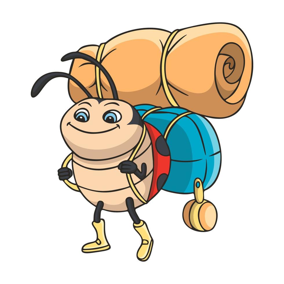 cartoon illustration ladybug carrying a camping bag vector