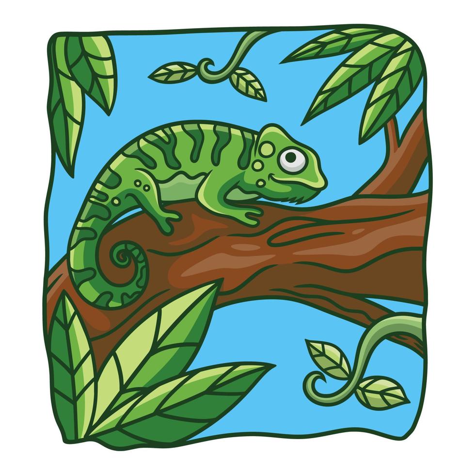 cartoon illustration chameleon on a tree trunk vector