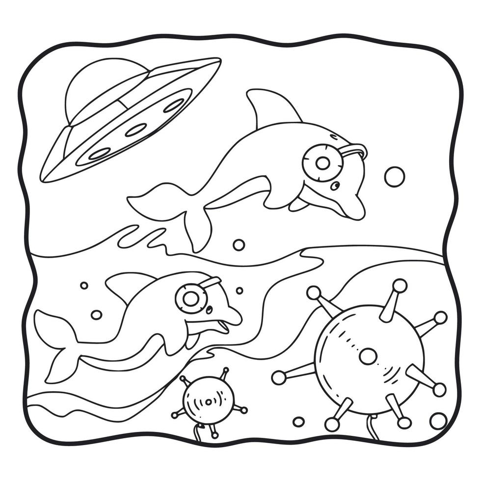 ilustración de dibujos animados dos delfines y un platillo volador para colorear libro o página para niños en blanco y negro vector