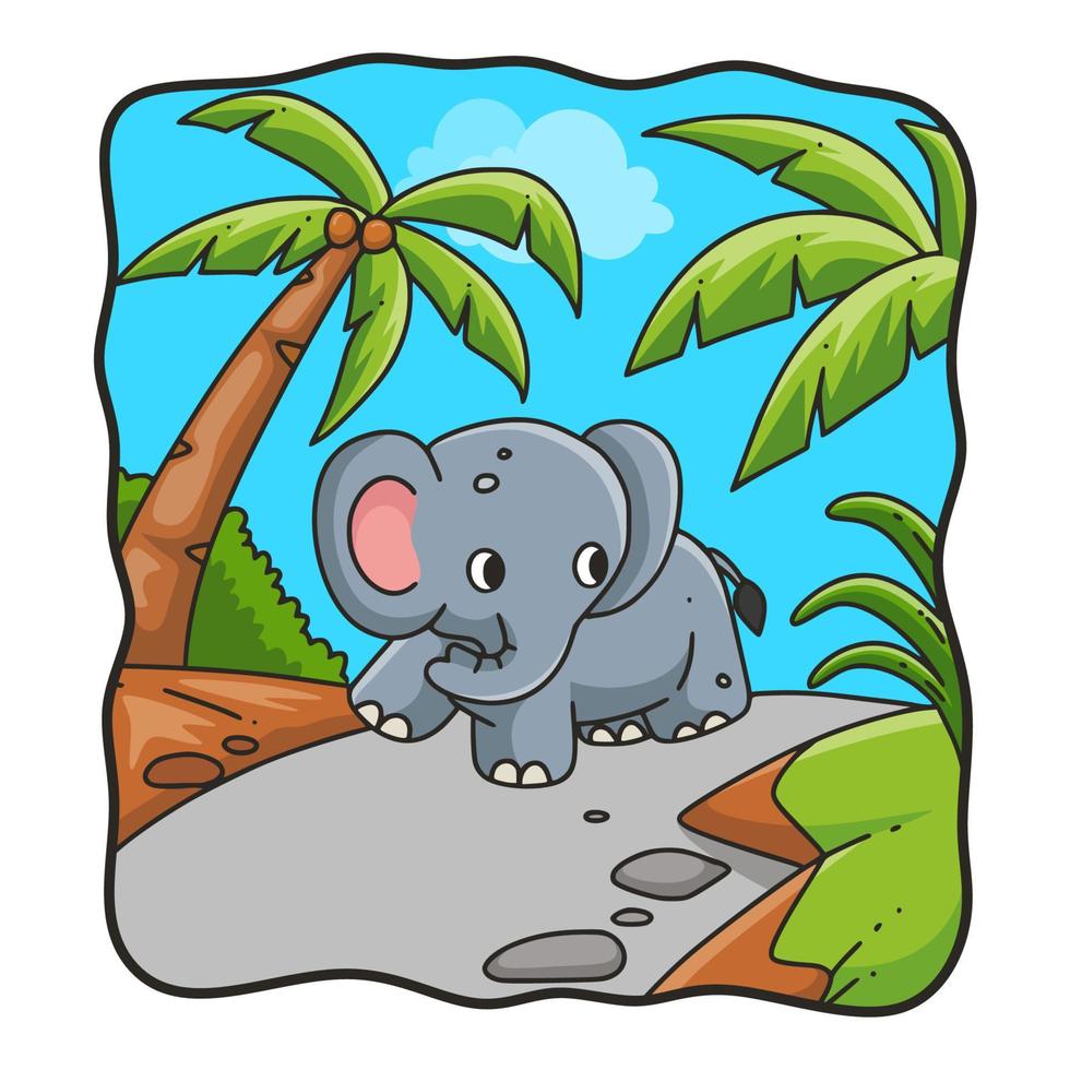 cartoon illustration elephant walking in the forest vector