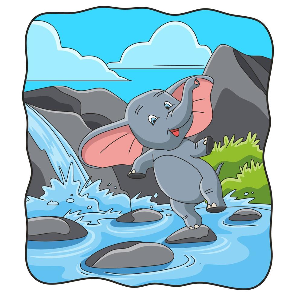 cartoon illustration elephant jumping on river rock vector