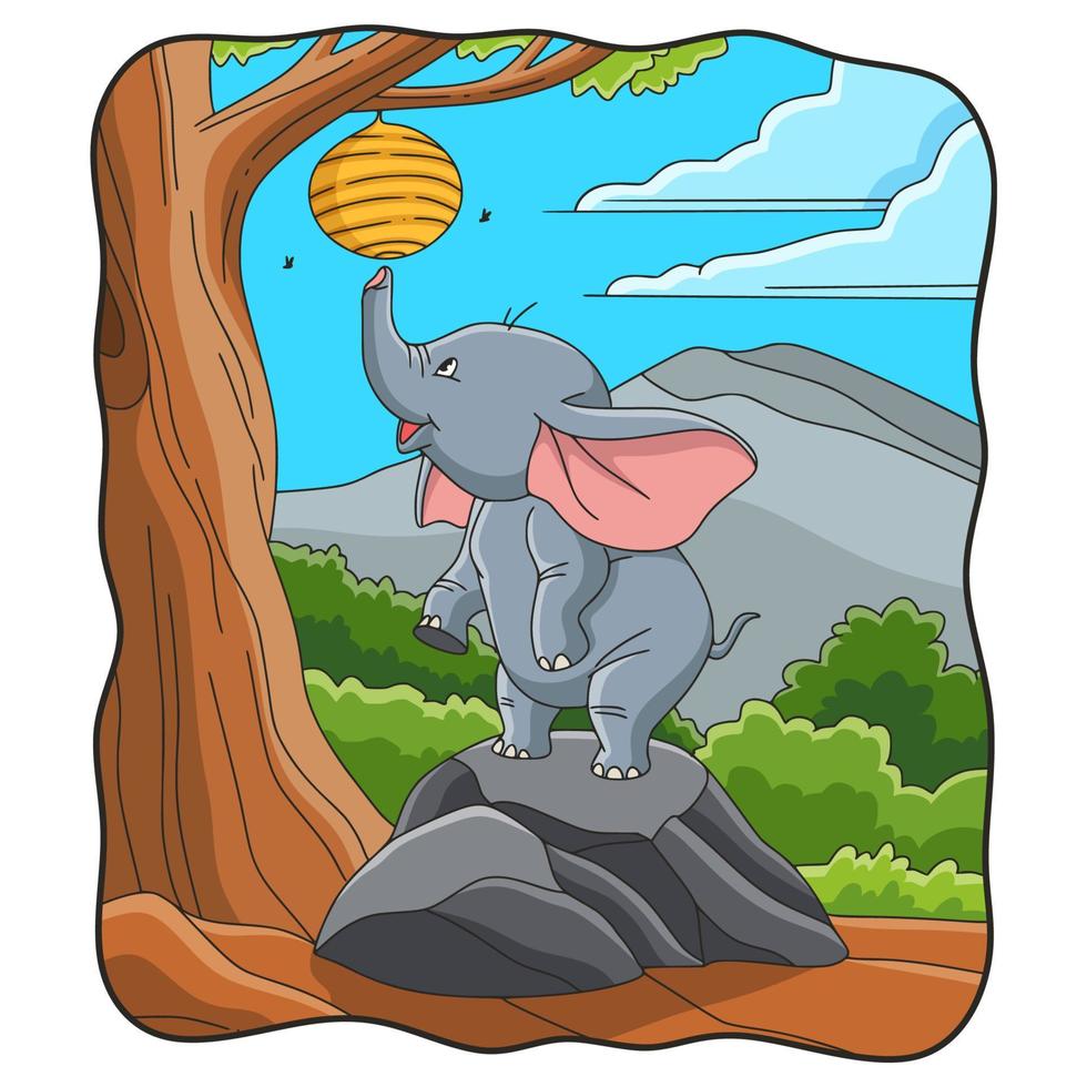 cartoon illustration elephant trying to take a bee's nest vector