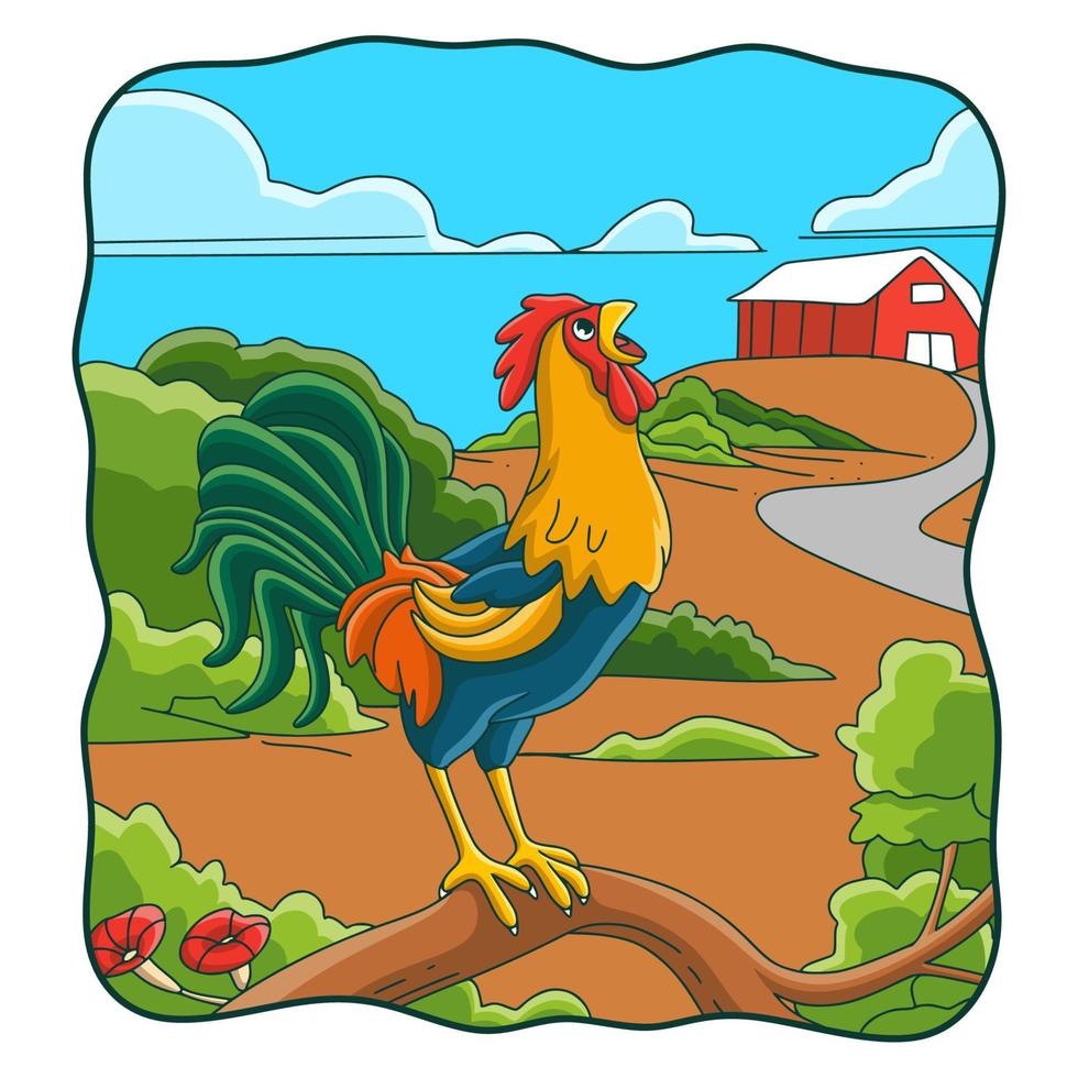 cartoon illustration the rooster crows on the tree trunk vector