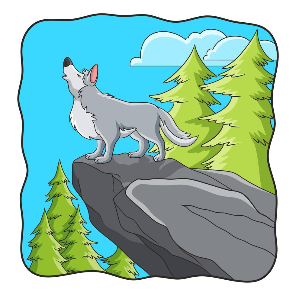 cartoon illustration the wolf roars on the boulder vector