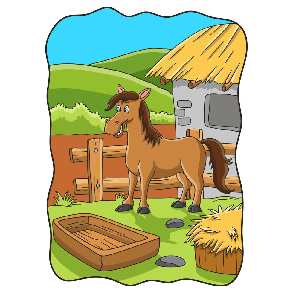 cartoon illustration a horse is on a farm on the edge of a hill vector