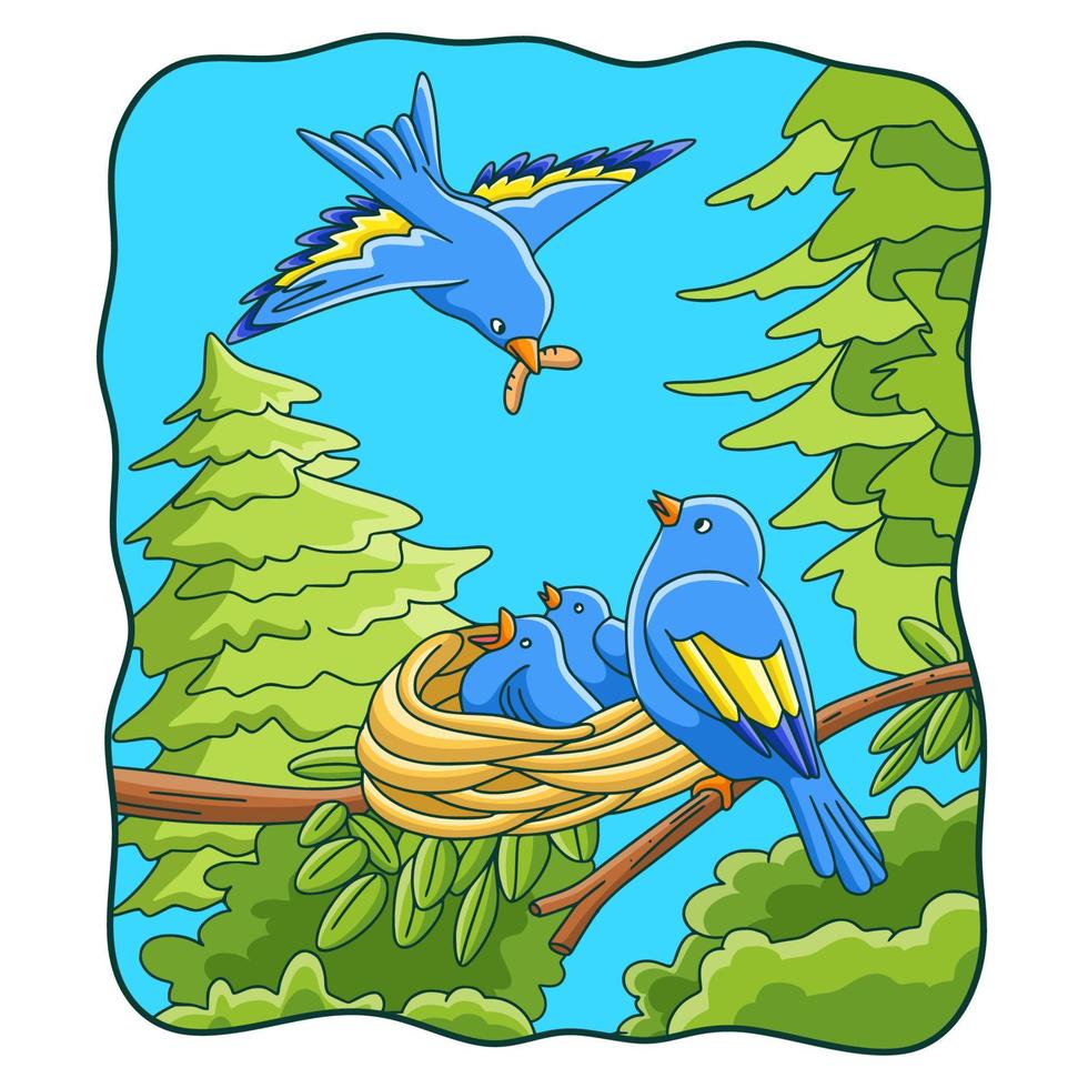 cartoon illustration Birds bring food to their nests vector