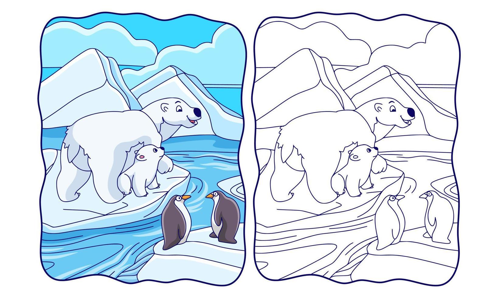 cartoon illustration bears and penguins are on an ice cube book or page for kids vector