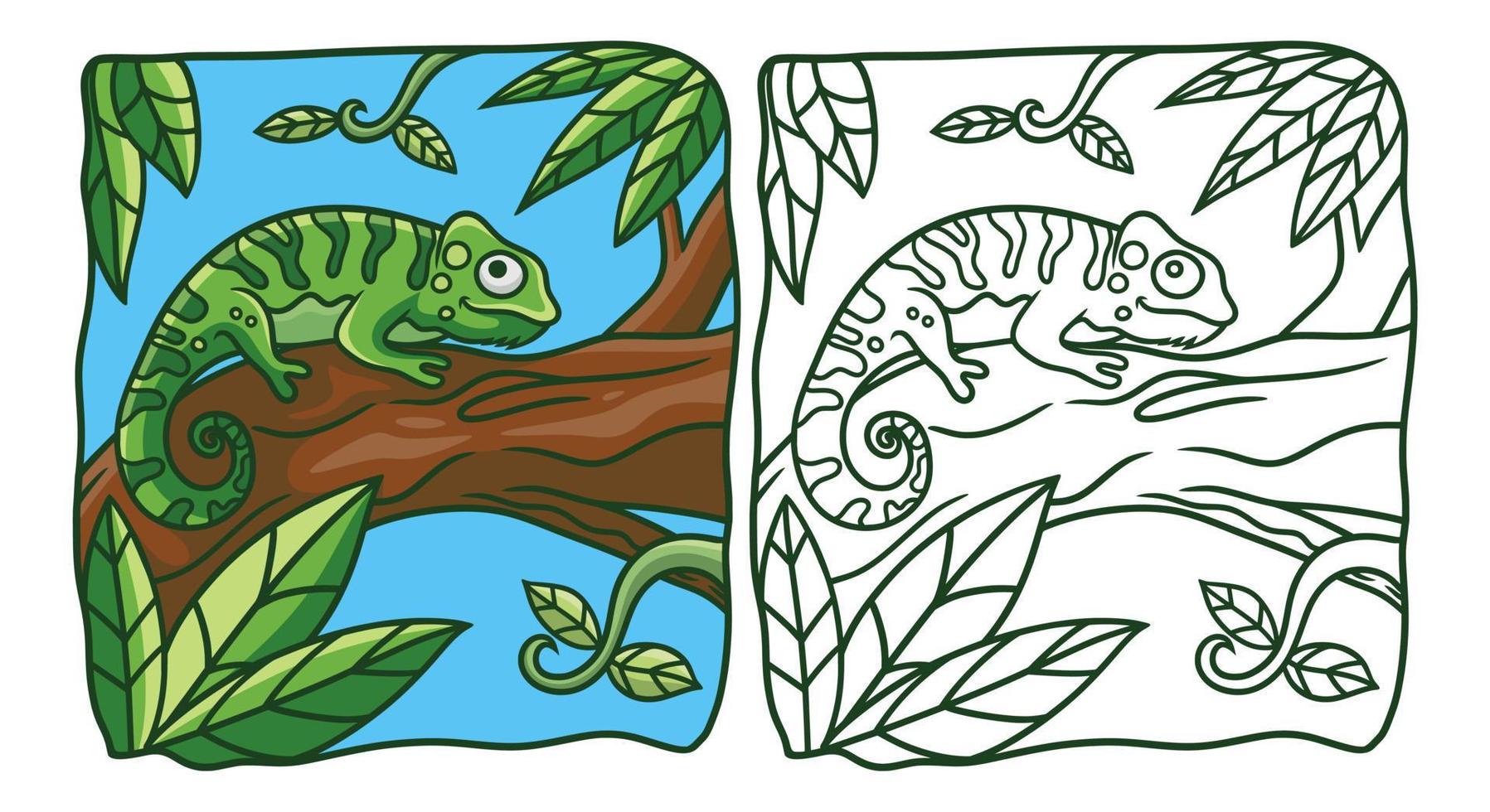 cartoon illustration chameleon on a tree trunk coloring book or page for kids vector