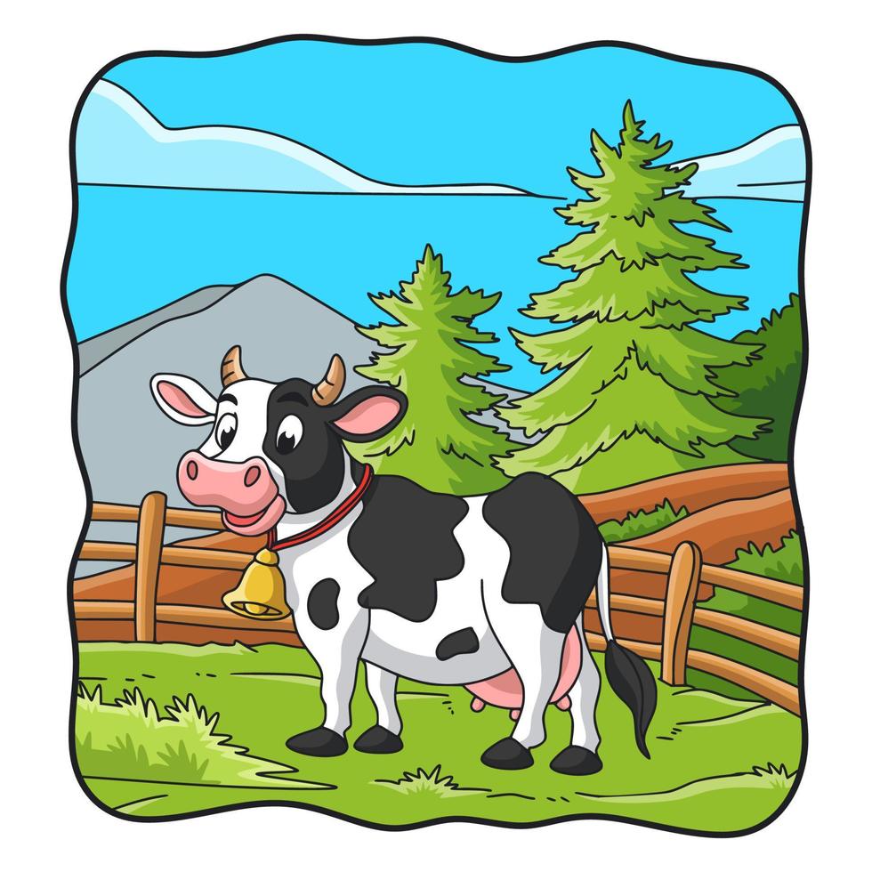 cartoon illustration the cow is in the meadow vector