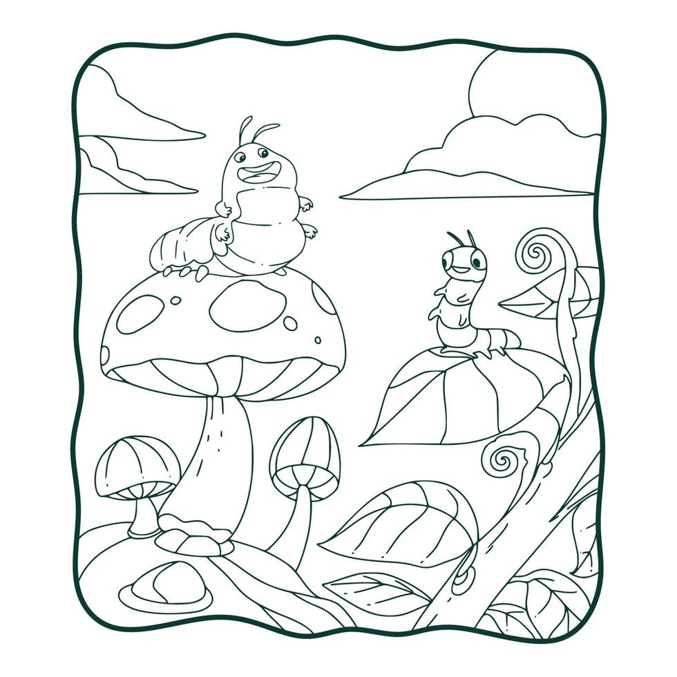 cartoon illustration caterpillar on mushrooms and leaves coloring book or page for kids black and white vector