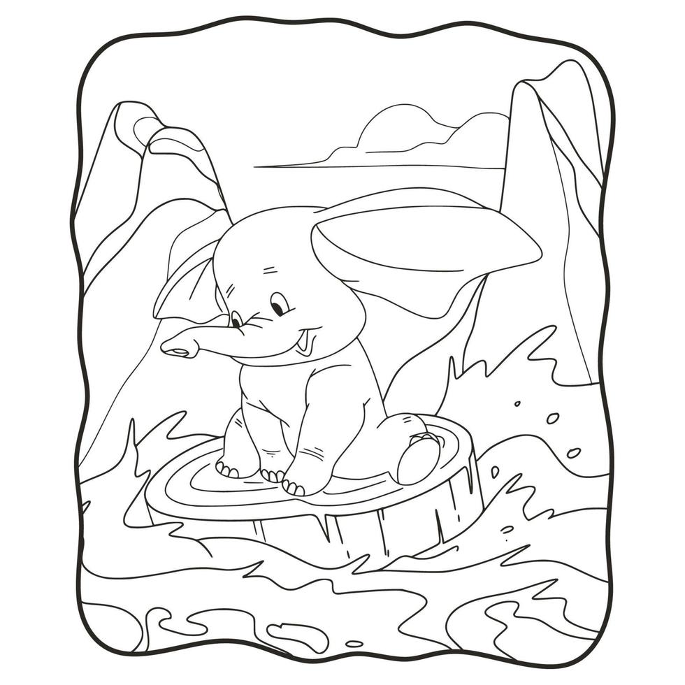 cartoon illustration elephant pulling wood floating in the river book or page for kids black and white vector