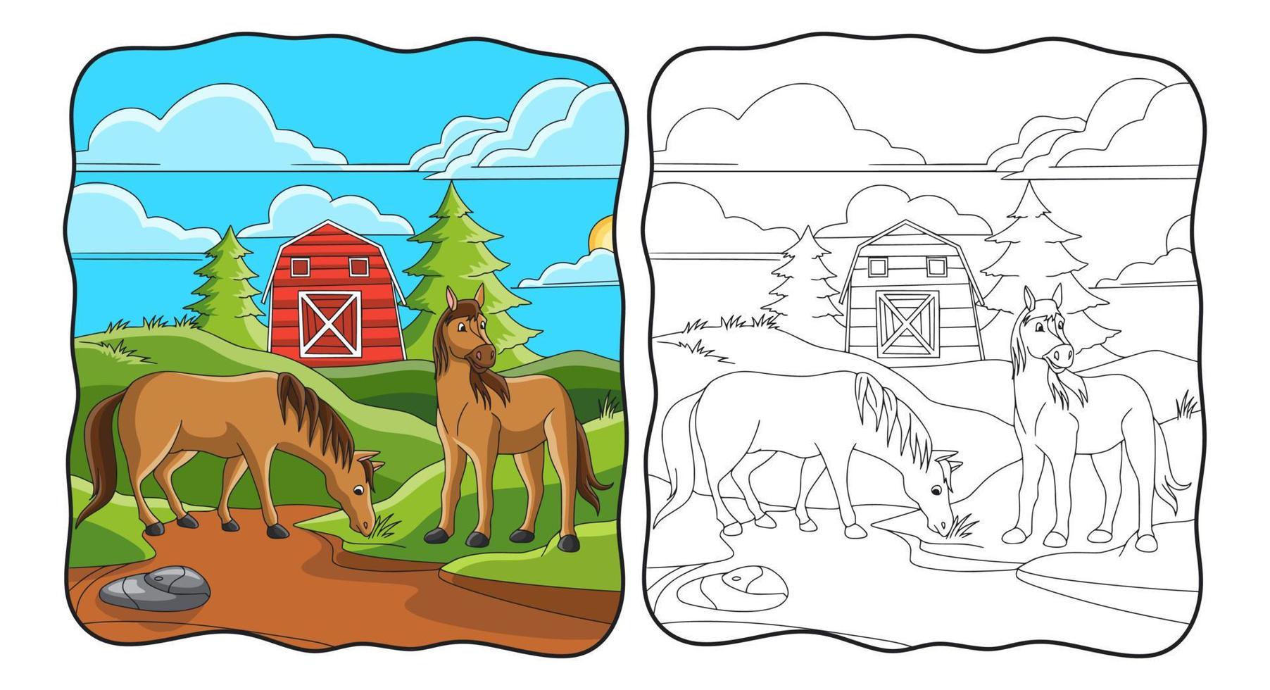 cartoon illustration The horse is eating grass in front of the stable book or page for kids vector