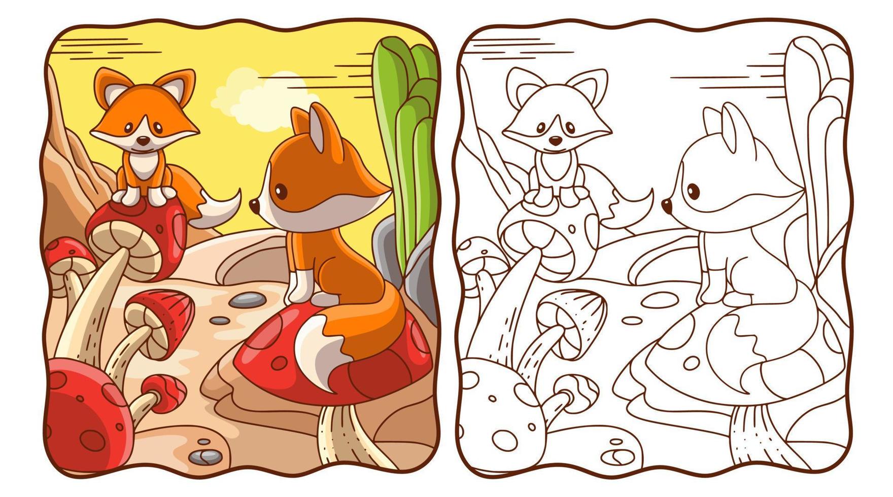 ilustración de dibujos animados dos zorros sentados en un libro o página para colorear hongos para niños vector