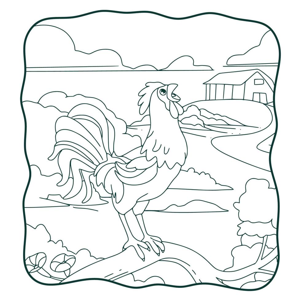 cartoon illustration the rooster crows on the tree trunk book or page for kids black and white vector