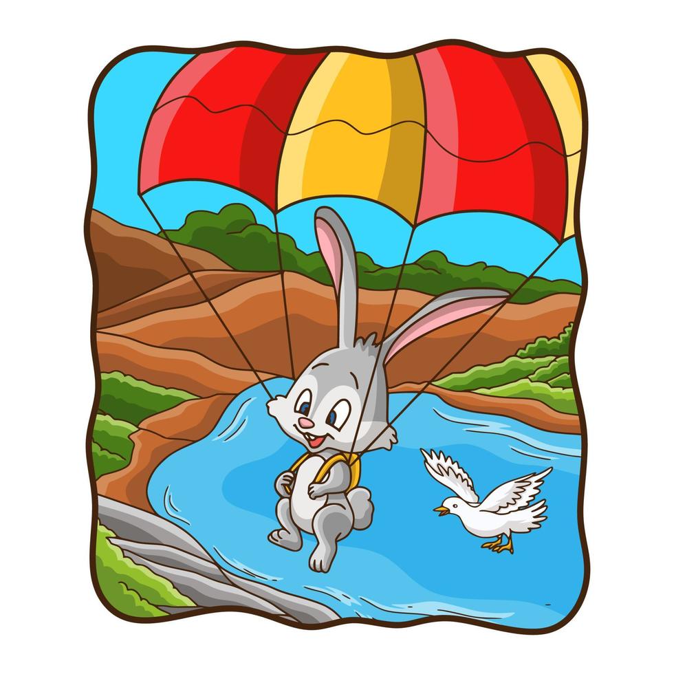 cartoon illustration bunny skydiving with a dove vector