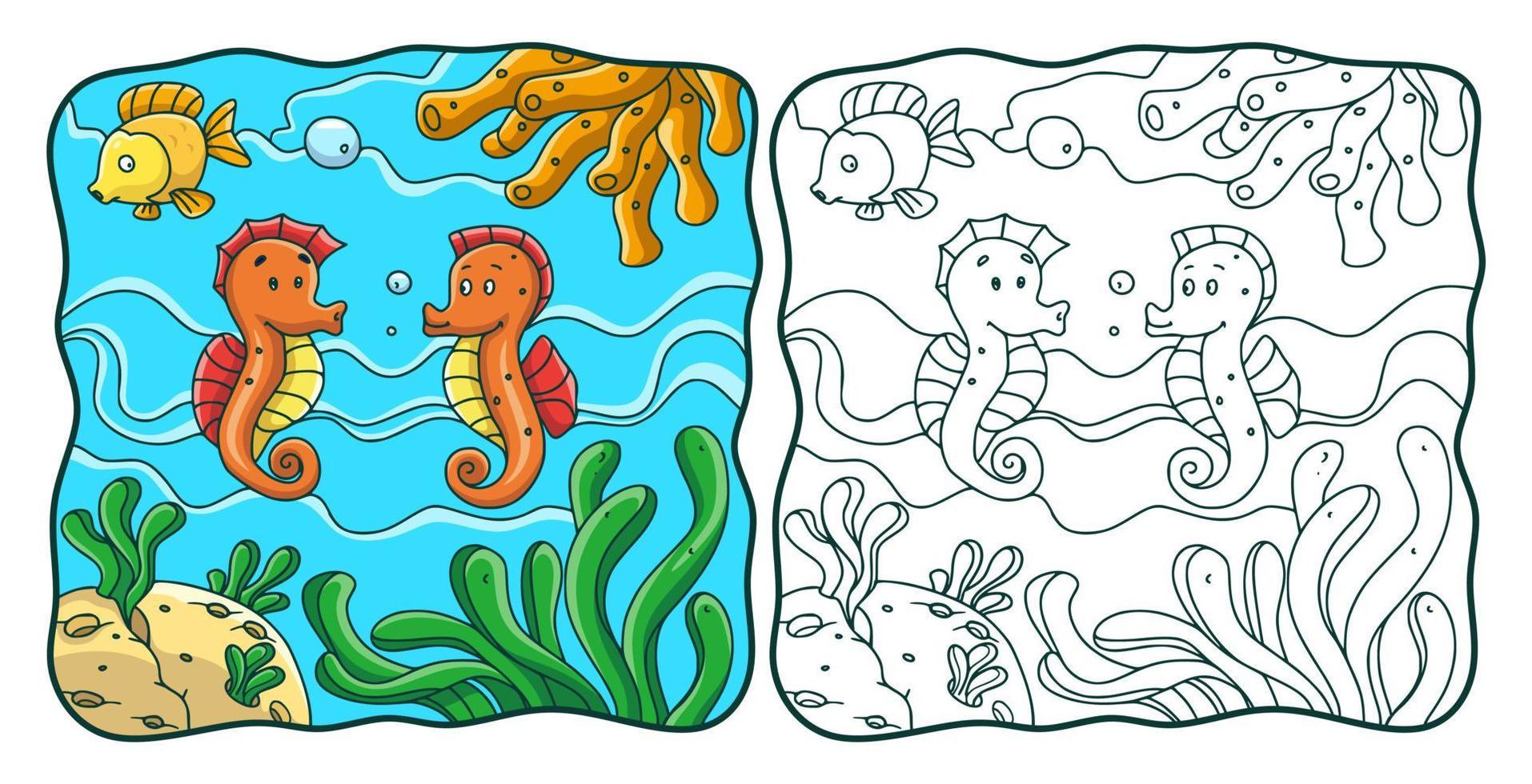 cartoon illustration two seahorses and one fish are in the water coloring book or page for kids vector