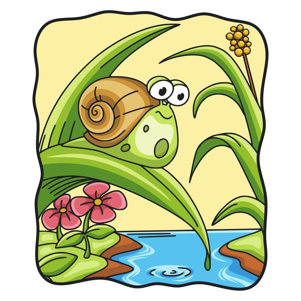 cartoon illustration snail walking on tree leaves vector