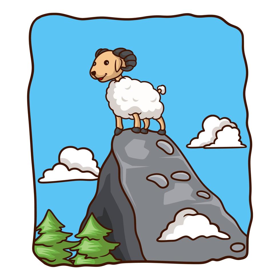 cartoon illustration the sheep is on the big rock vector