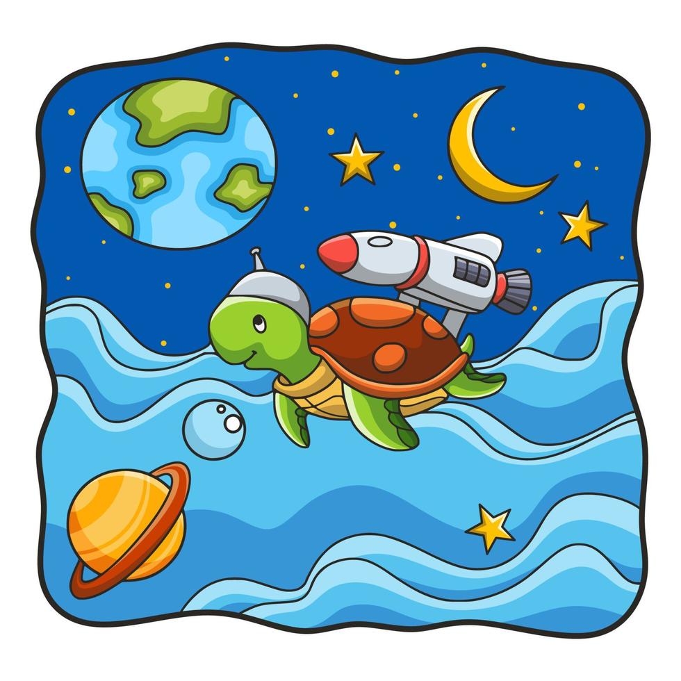 cartoon illustration turtle flying on rocket vector