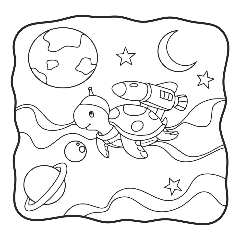 cartoon illustration turtle flying on rocket coloring book or page for kids black and white vector