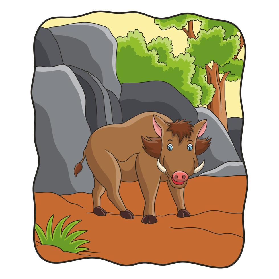 cartoon illustration wild boar walking in the forest vector