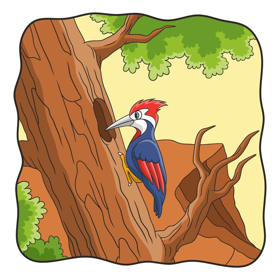 cartoon illustration woodpecker pecks a big tree trunk vector