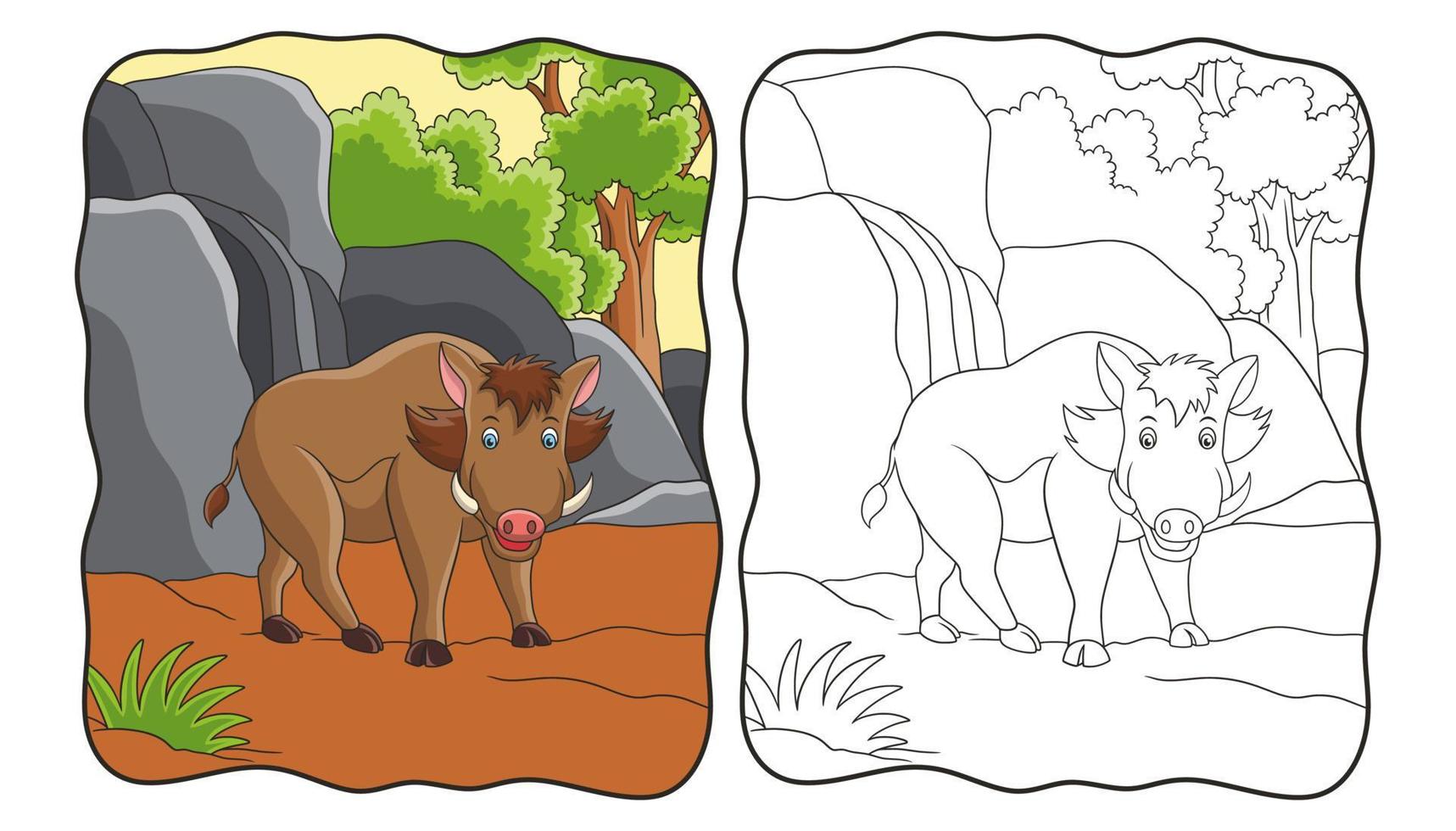 cartoon illustration wild boar walking in the forest book or page for kids vector