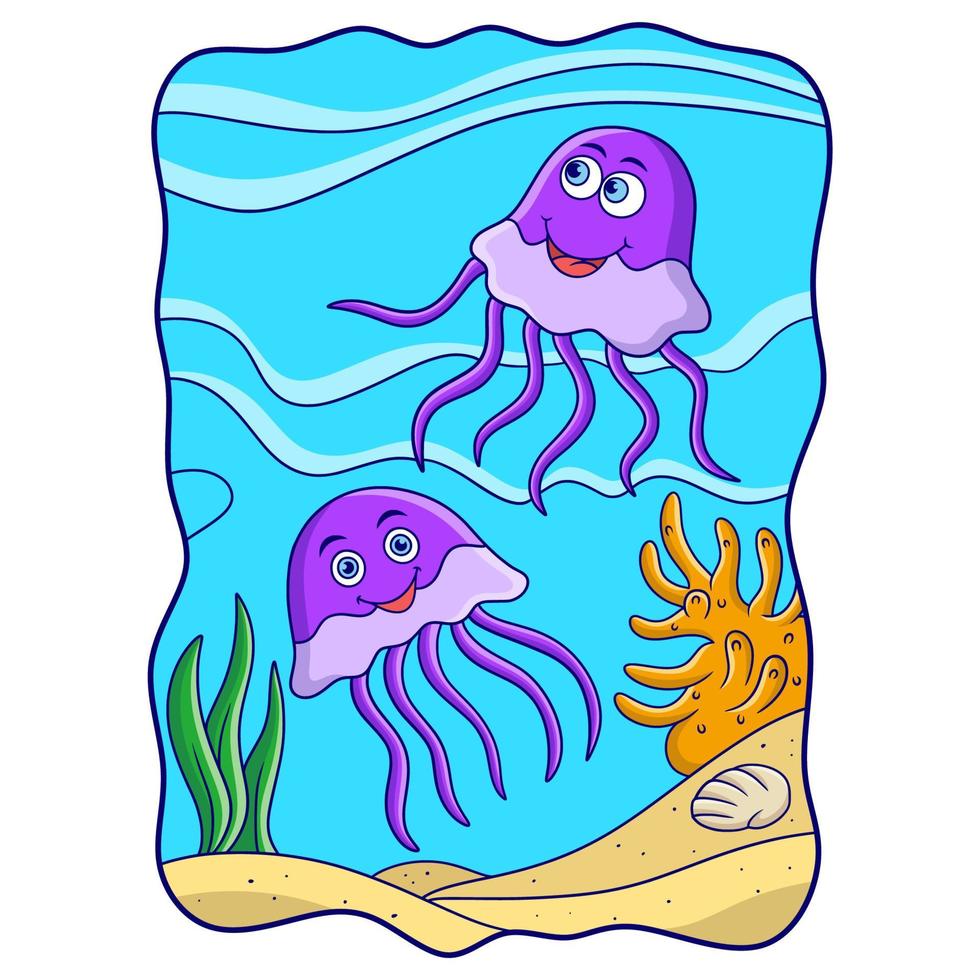 cartoon illustration two jellyfish swimming near the ocean coral reef vector