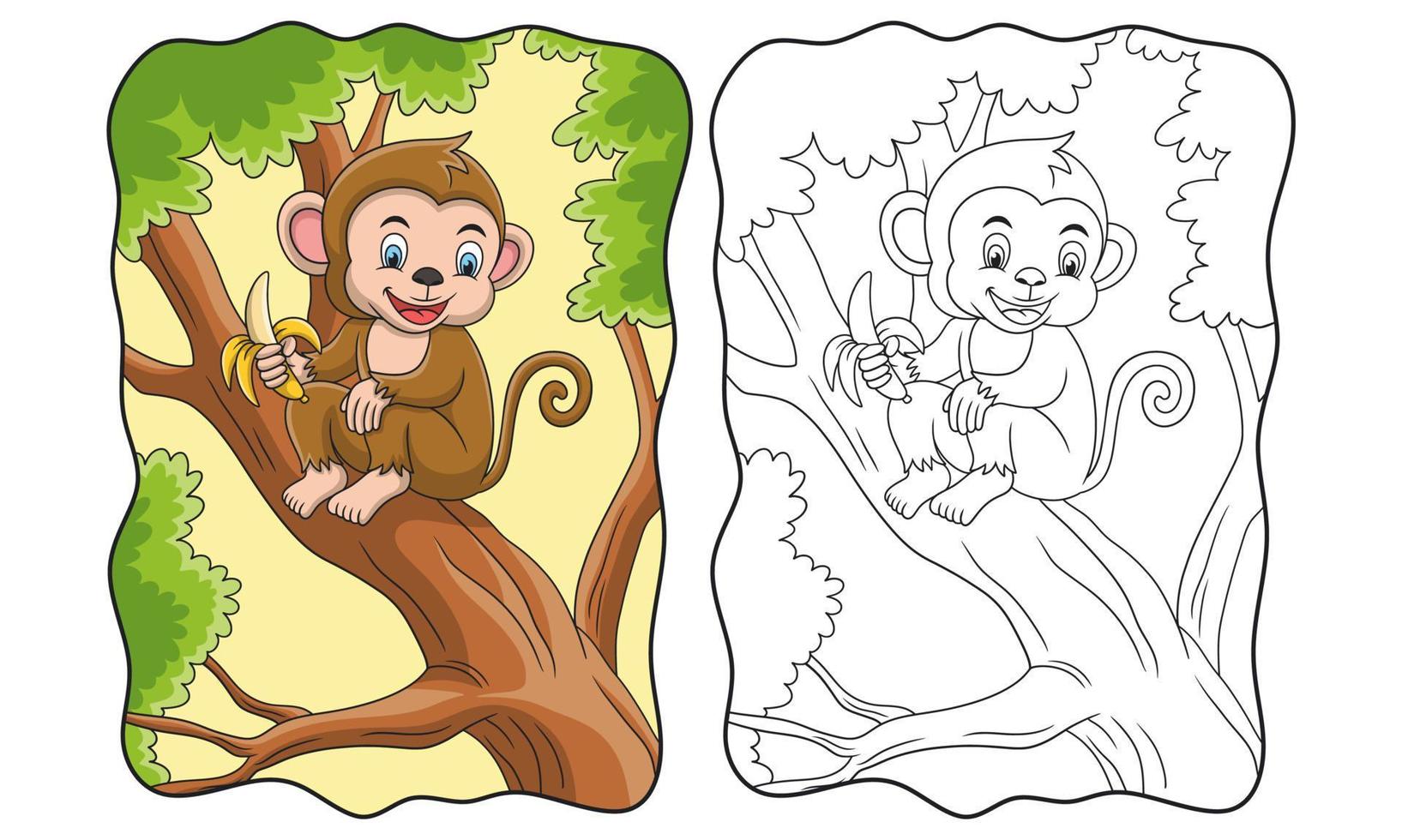 cartoon illustration monkey eating banana on the tree book or page for kids vector