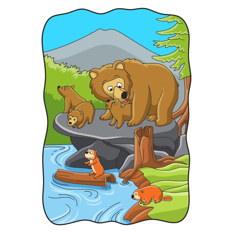 cartoon illustration bear with cub on a big rock vector