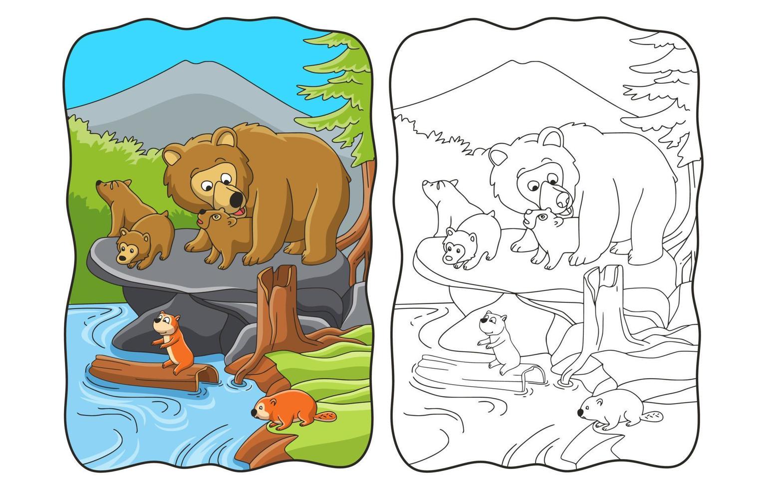 ilustración de dibujos animados oso con cachorro en un gran libro de rock o página para niños vector