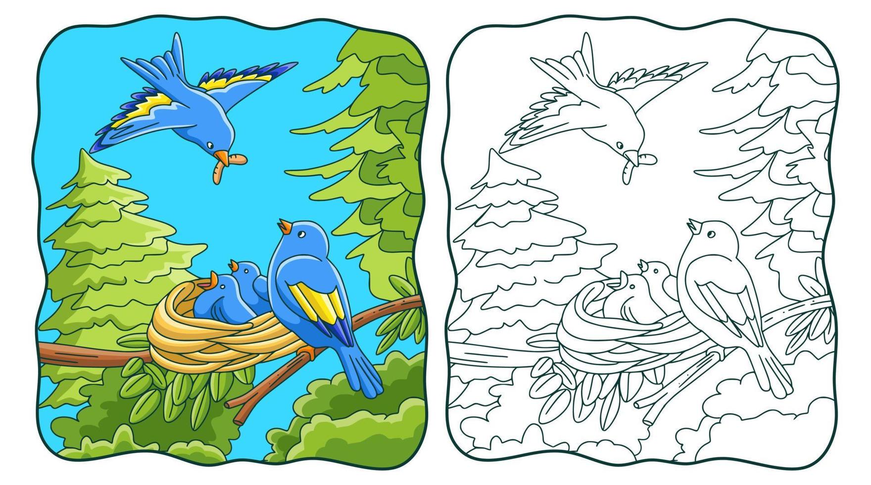 cartoon illustration Birds bring food to their nests book or page for kids vector