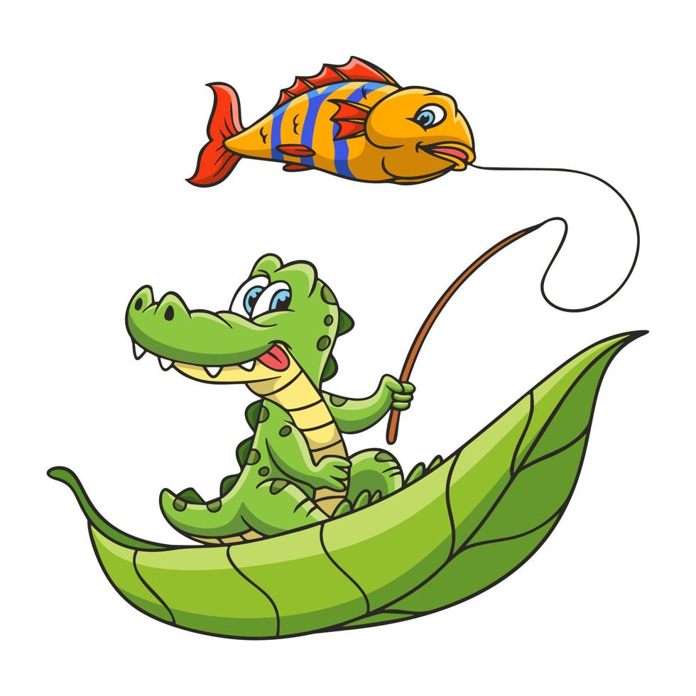 cartoon illustration crocodile fishing vector