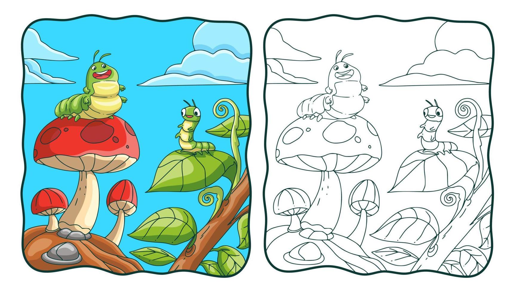 cartoon illustration caterpillar on mushrooms and leaves coloring book or page for kids vector