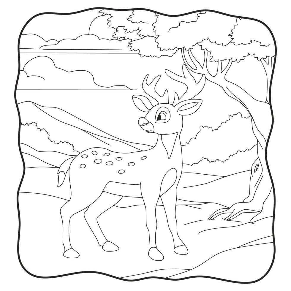 cartoon illustration deer walking under the forest tree book or page for kids black and white vector