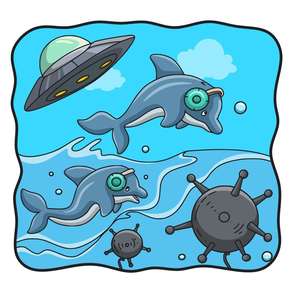 cartoon illustration two dolphins and a flying saucer vector