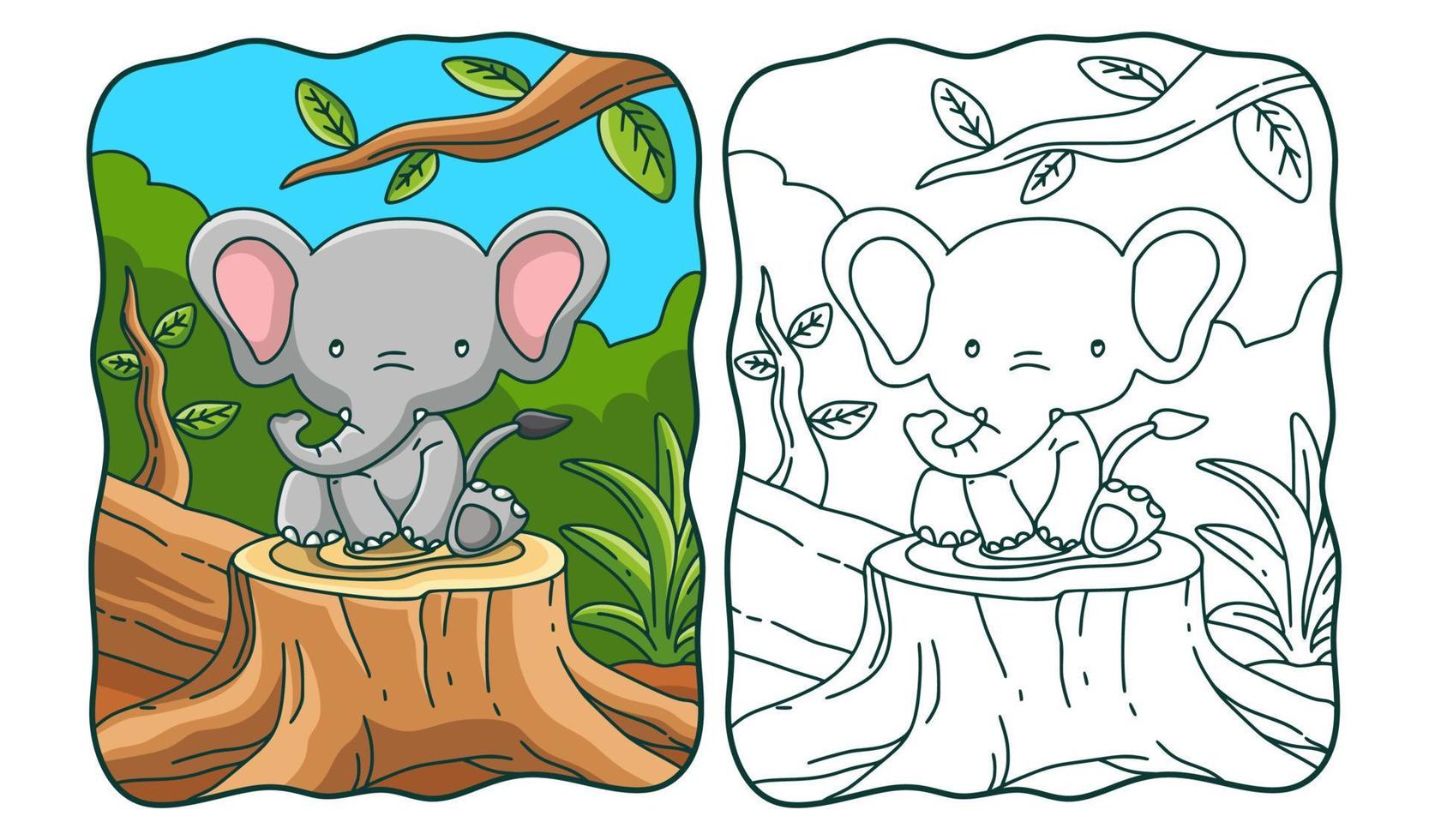 elefante de ilustración de dibujos animados sentado en un árbol que ha sido cortado para colorear libro o página para niños vector