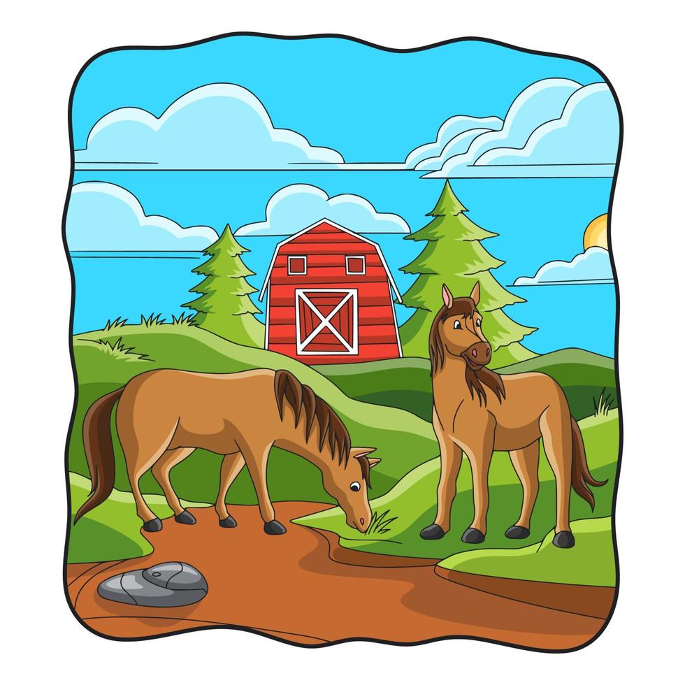 ilustración de dibujos animados el caballo está comiendo hierba frente al establo vector