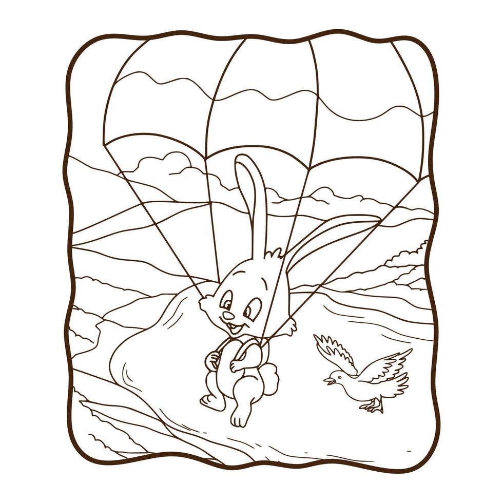 cartoon illustration bunny skydiving with a dove coloring book or page for kids vector